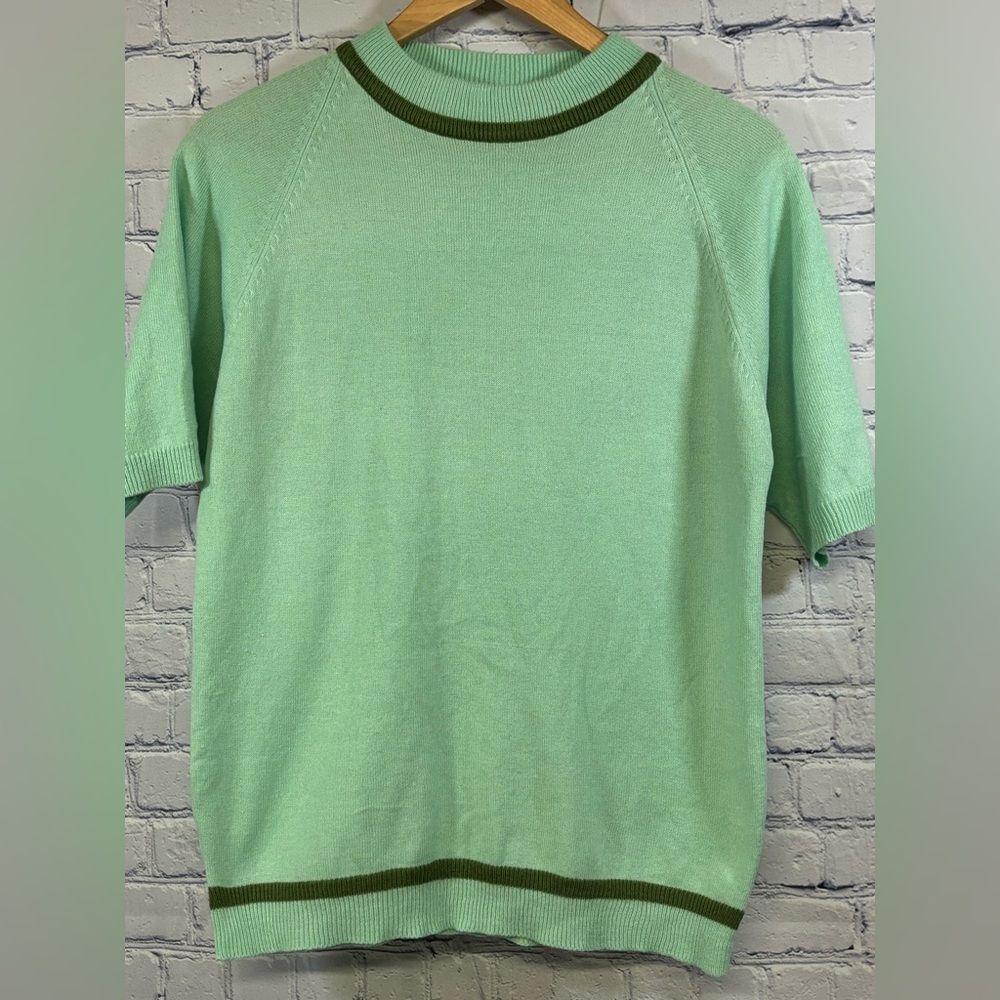 VINTAGE h.i.s. Mint Green Varsity Preppy Retro Crewneck Short Sleeve Sweater L